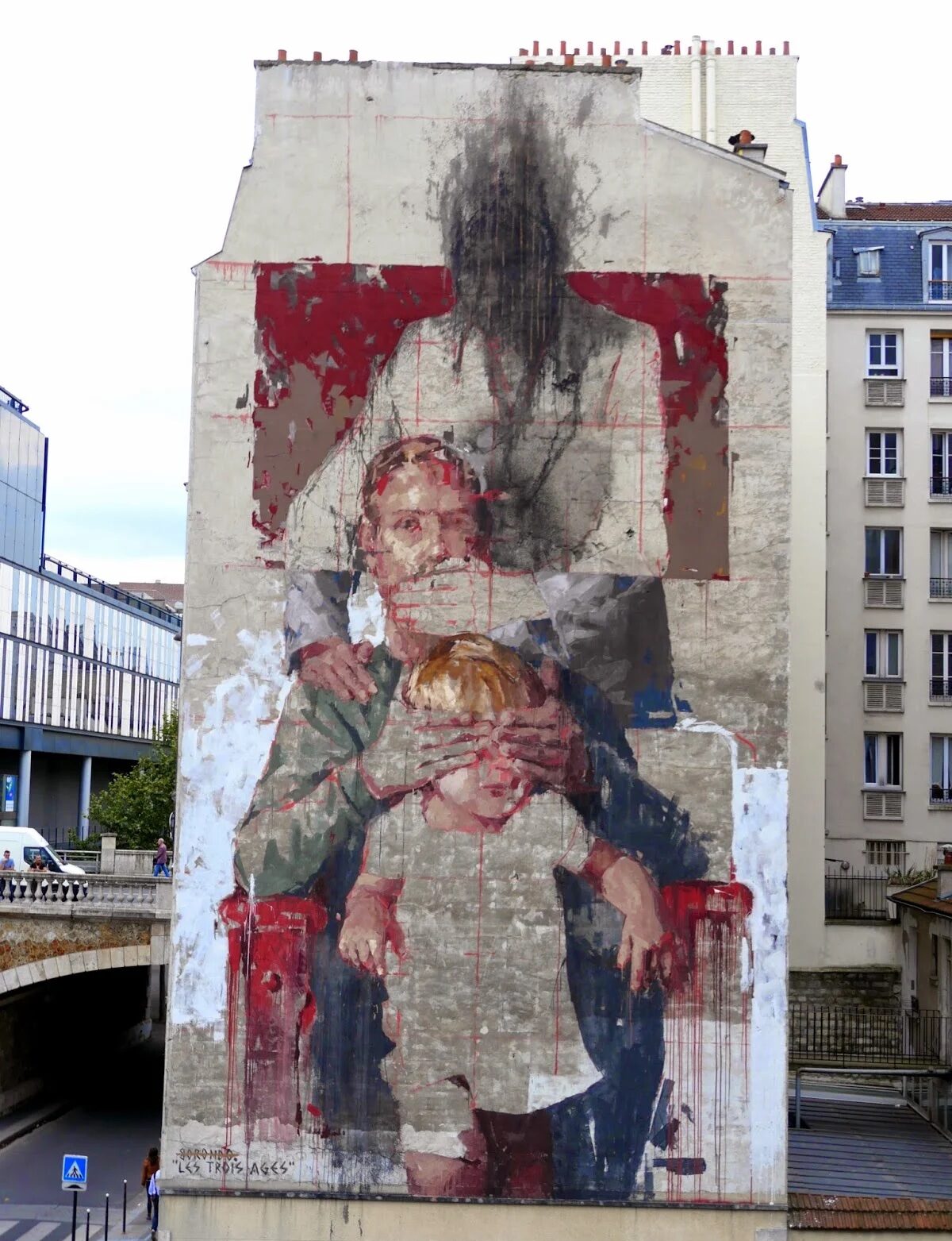 Borondo painted bulding side, contemporary street art style